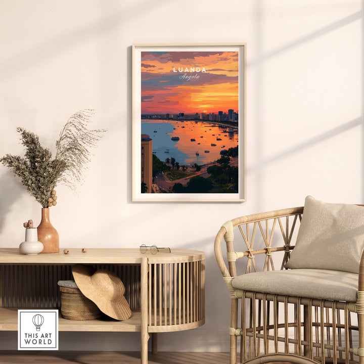 Luanda skyline sunset poster displayed in a modern living room, showcasing vibrant colors and coastal beauty.