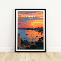 Luanda Skyline at Sunset Poster - Angola City Travel Print - Waterfront Wall Art showcasing a vibrant sunset over the city.