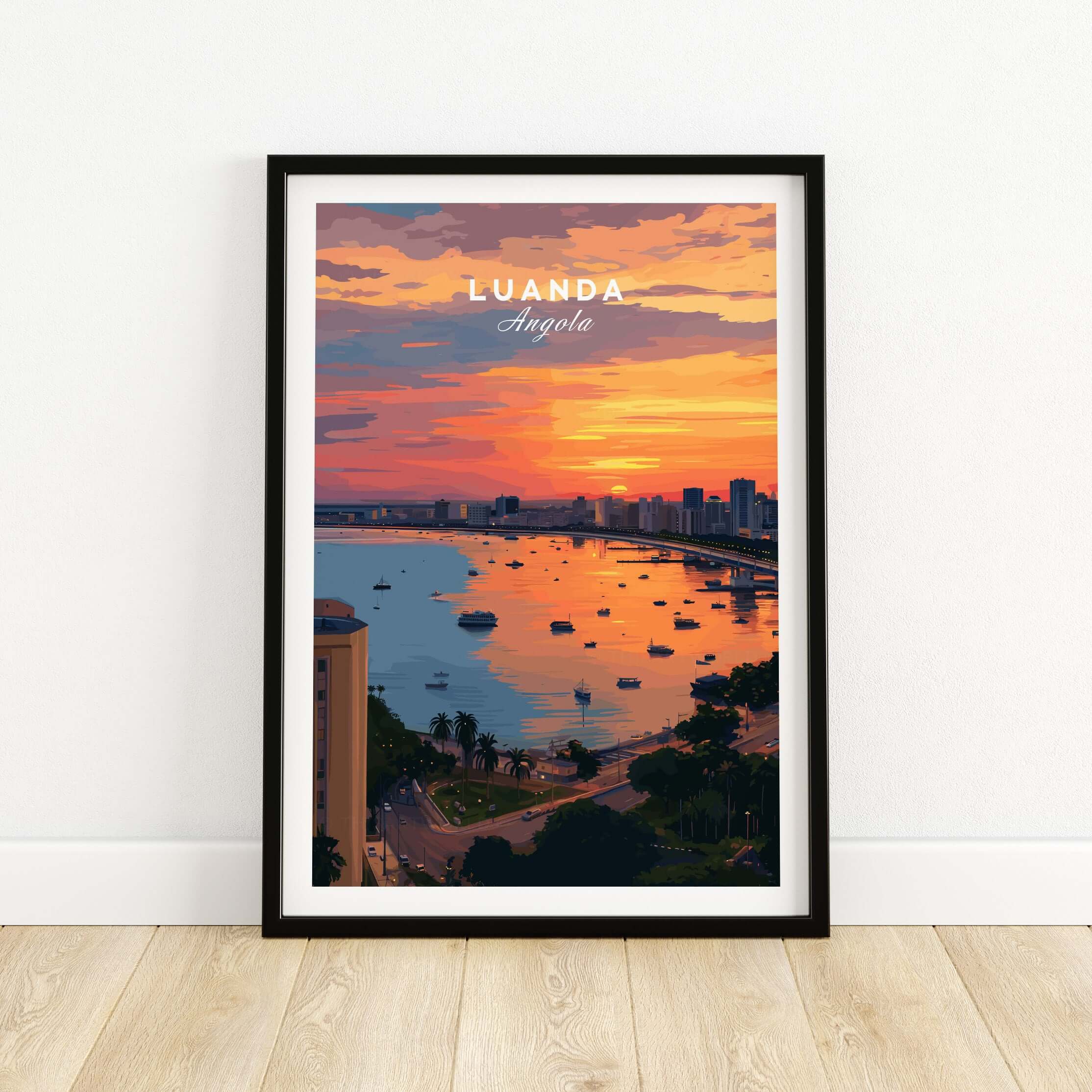 Luanda Skyline at Sunset Poster - Angola City Travel Print - Waterfront Wall Art showcasing a vibrant sunset over the city.