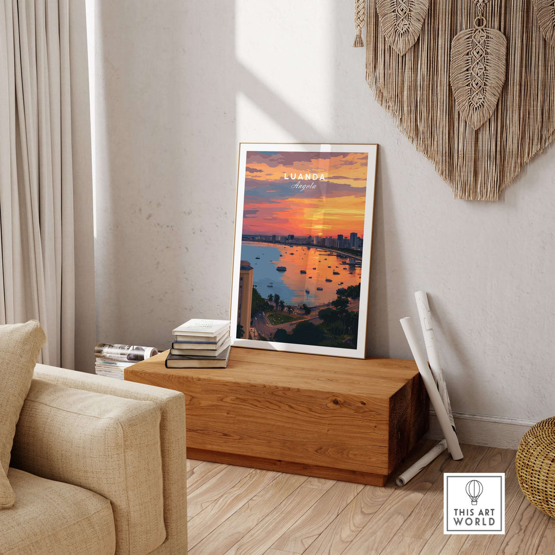 Luanda skyline at sunset poster displayed in a cozy living room setting with natural elements.