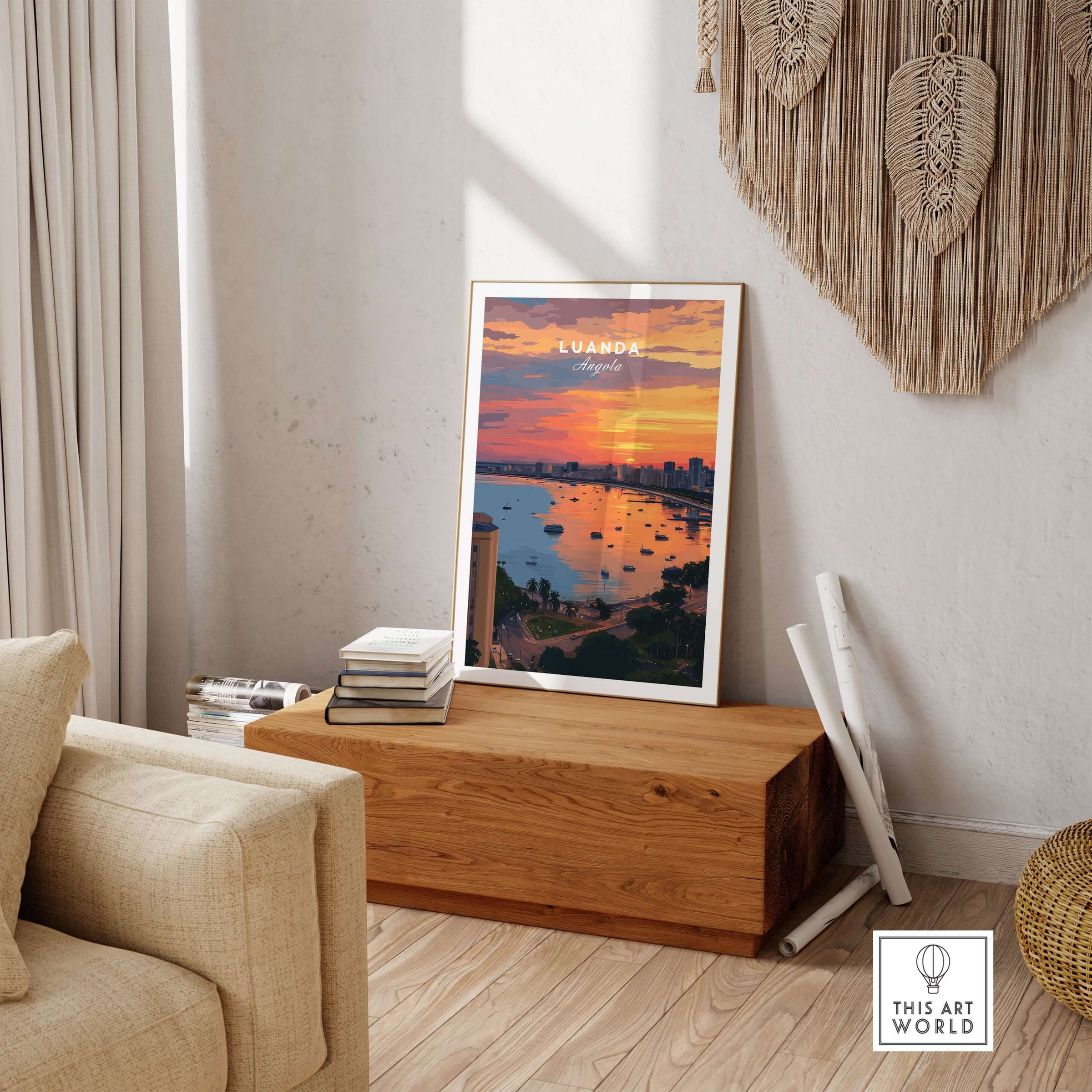 Luanda Skyline at Sunset Poster - Angola City Travel Print - Waterfront Wall Art displayed in a modern living room setting.