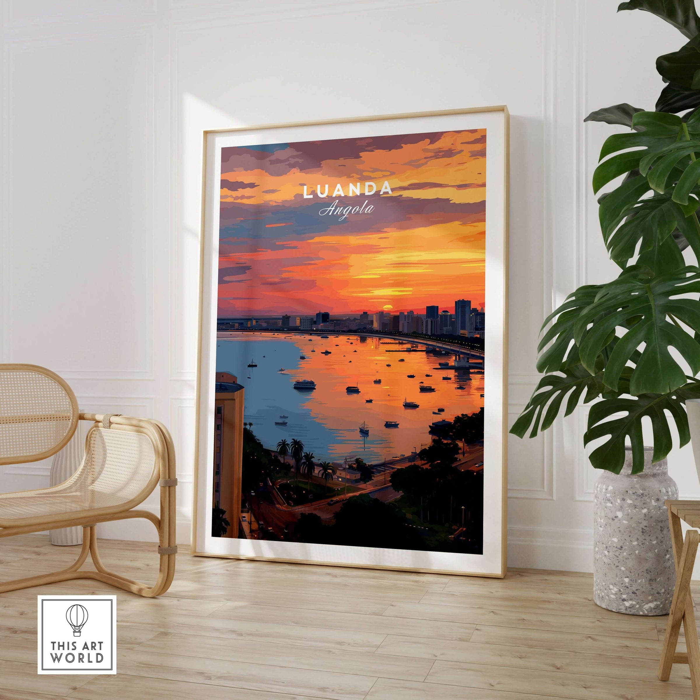 Luanda Skyline at Sunset Poster - Angola City Travel Print - Waterfront Wall Art displayed in a modern living room.