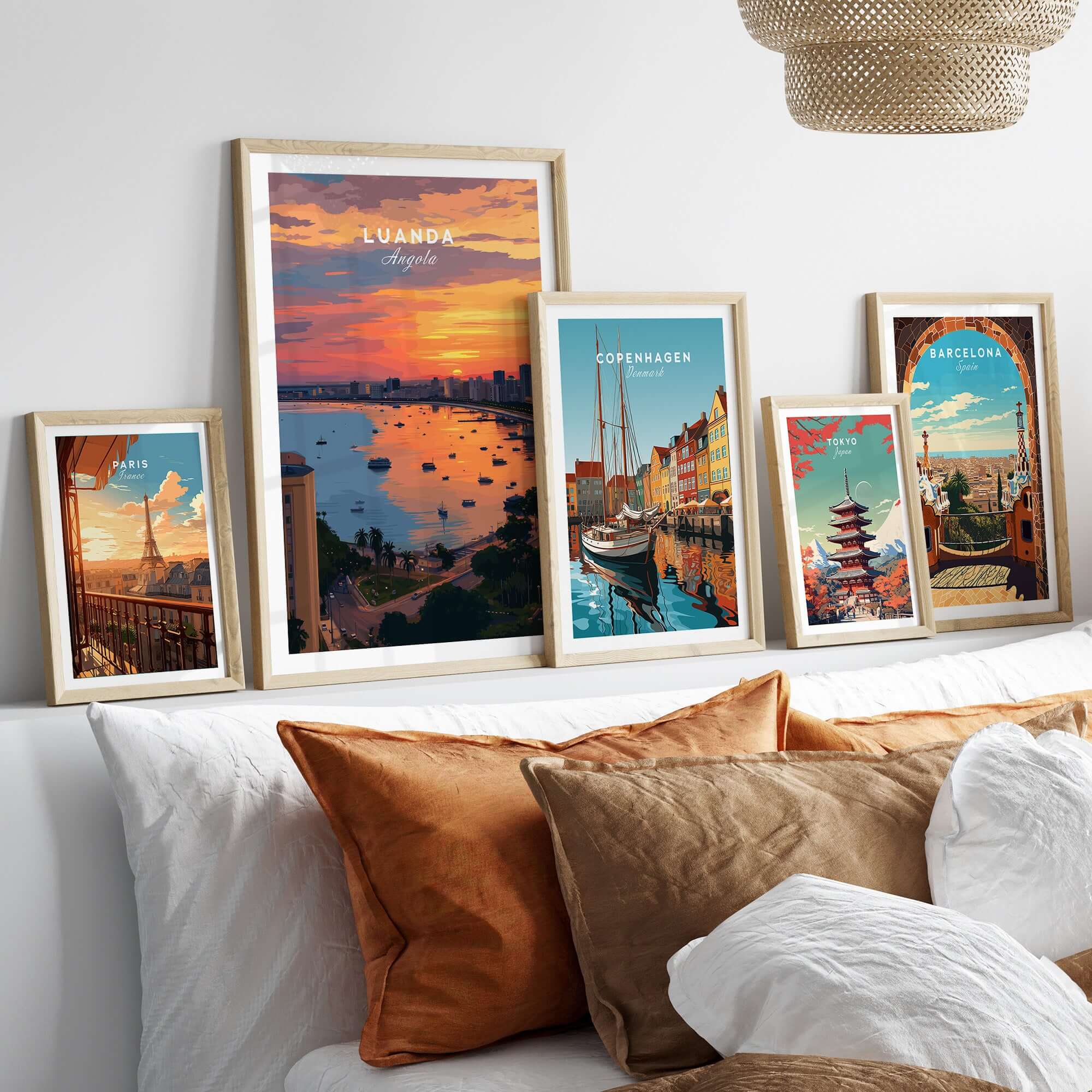 Luanda Skyline at Sunset Poster - Angola City Travel Print - Waterfront Wall Art displayed in a stylish living room setting.