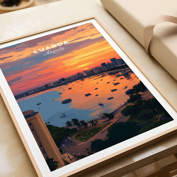 Luanda skyline sunset poster showcasing the waterfront, vibrant colors, and urban landscape of Angola.