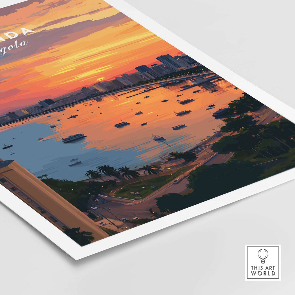 Luanda skyline sunset poster showcasing the waterfront with boats, perfect for city travel decor.