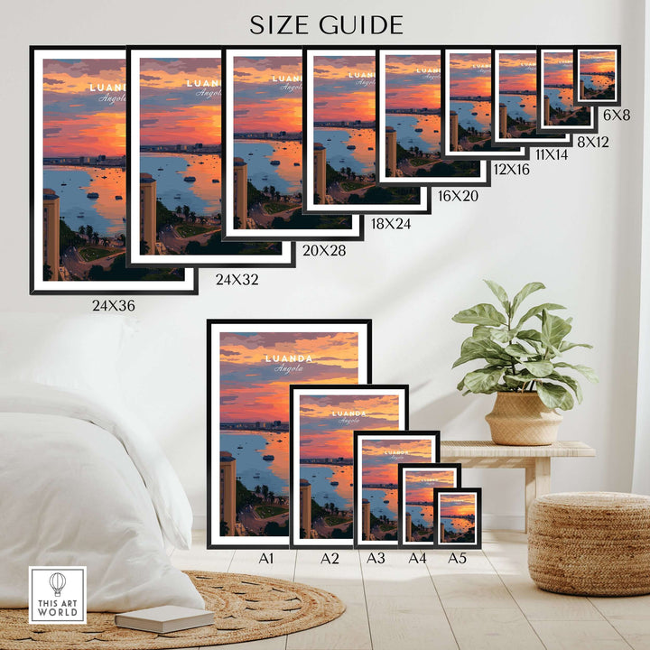 Luanda skyline sunset poster size guide showcasing various frame dimensions for wall art decor options.