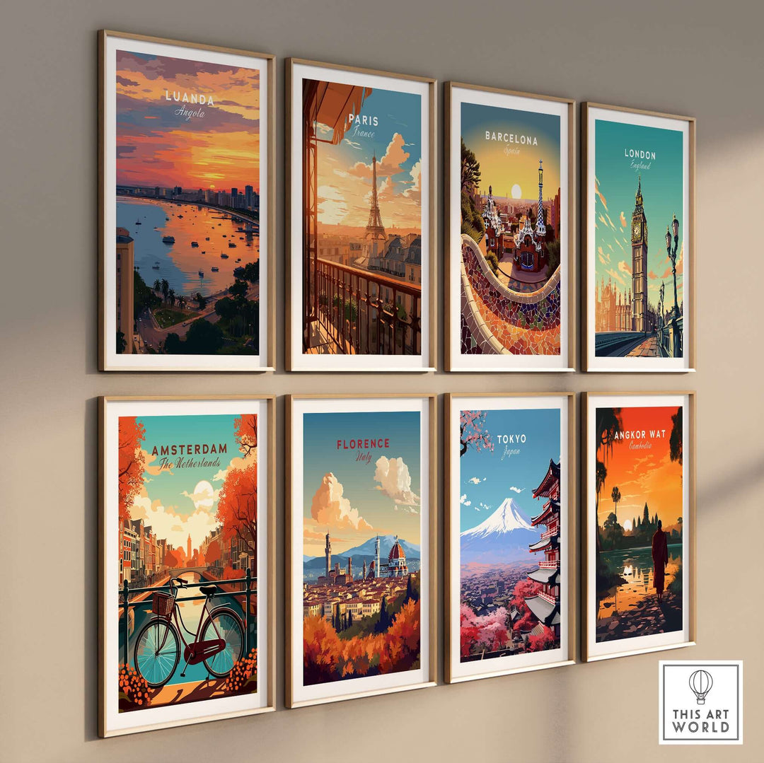 Gallery of travel posters featuring cities like Luanda, Paris, and Tokyo, showcasing vibrant urban landscapes.