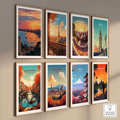 Luanda Skyline at Sunset Poster - Angola City Travel Print - Waterfront Wall Art displayed in a gallery wall, featuring vibrant cityscapes.
