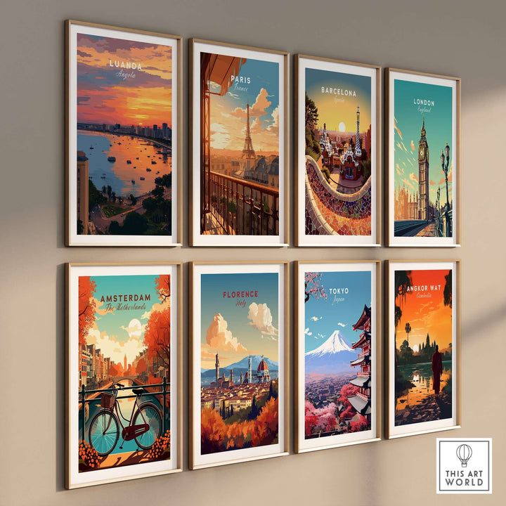 Gallery of travel posters featuring cities like Luanda, Paris, and Tokyo, showcasing vibrant urban landscapes.