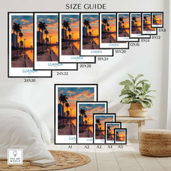 Luanda Sunset Poster - Angola Waterfront Art Print - Wall Decor size guide showcasing various frame sizes.