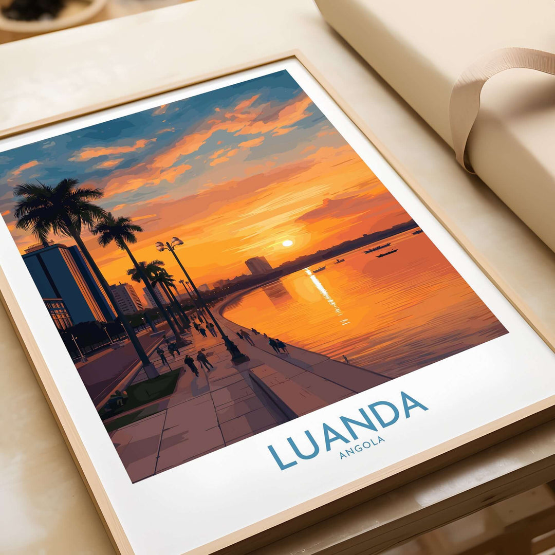 Luanda Sunset Poster showcasing vibrant colors over waterfront with city skyline, perfect for wall decor.