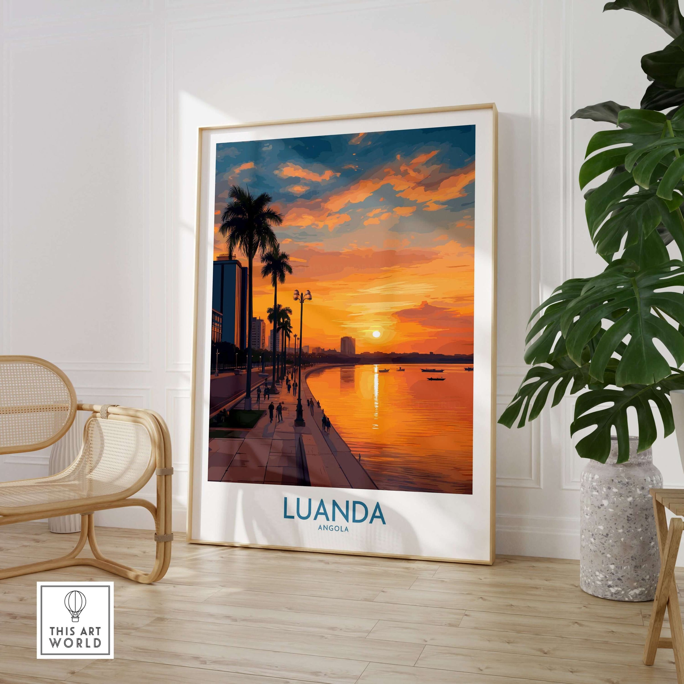 Luanda Sunset Poster - Angola Waterfront Art Print - Wall Decor displayed in a modern interior setting with palm trees.