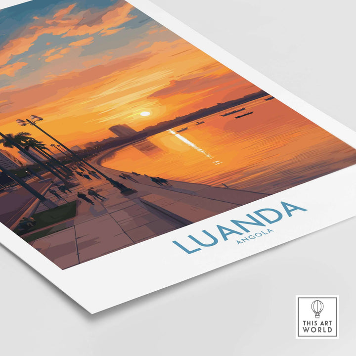 Luanda sunset poster art print featuring vibrant colors and reflection on tranquil waterfront, perfect for wall decor.