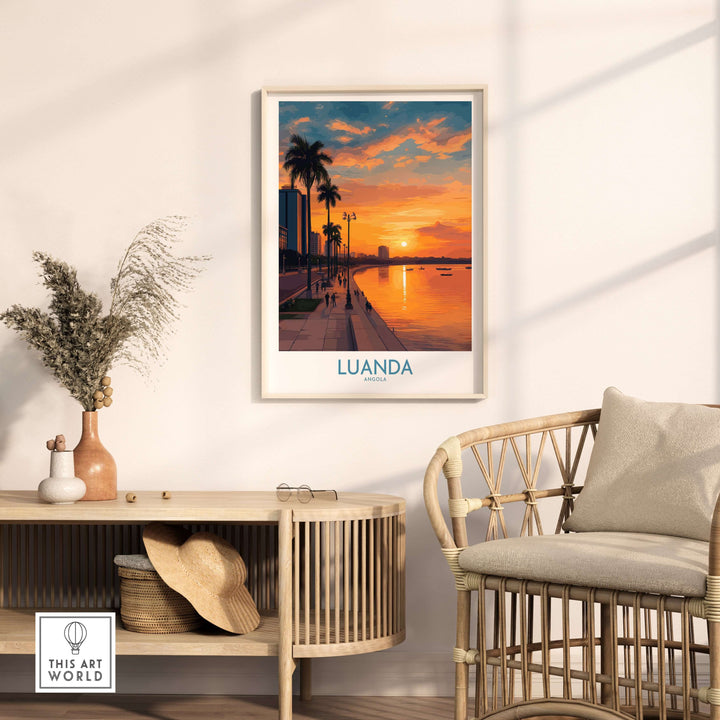 Luanda sunset poster featuring vibrant colors and skyline, perfect wall decor for a serene atmosphere.