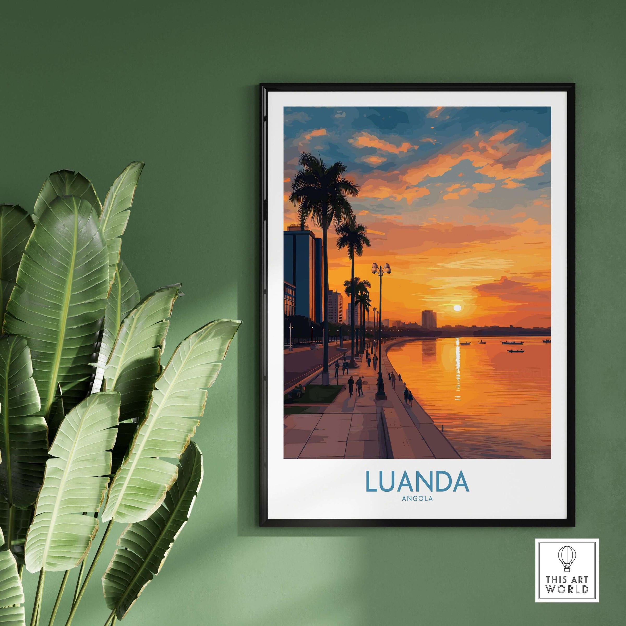 Luanda Sunset Poster - Angola Waterfront Art Print - Wall Decor featuring a sunset over the waterfront with palm trees and city skyline.