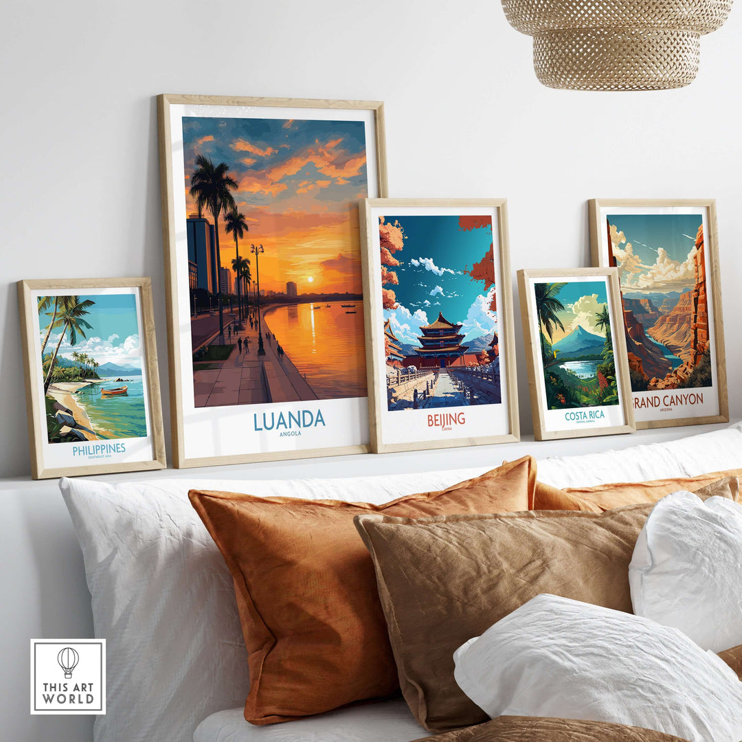 Luanda sunset poster among framed travel art prints, highlighting vibrant city and scenic landscapes for wall decor.