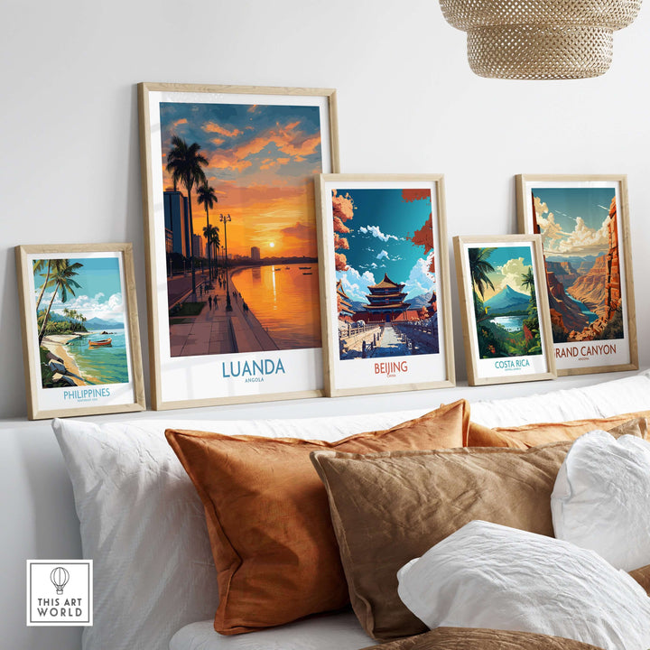 Luanda sunset poster among framed travel art prints, highlighting vibrant city and scenic landscapes for wall decor.