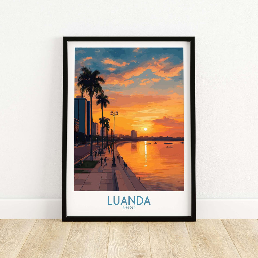 Luanda sunset poster featuring a vibrant waterfront scene with palm trees and reflections in the water, perfect wall decor.