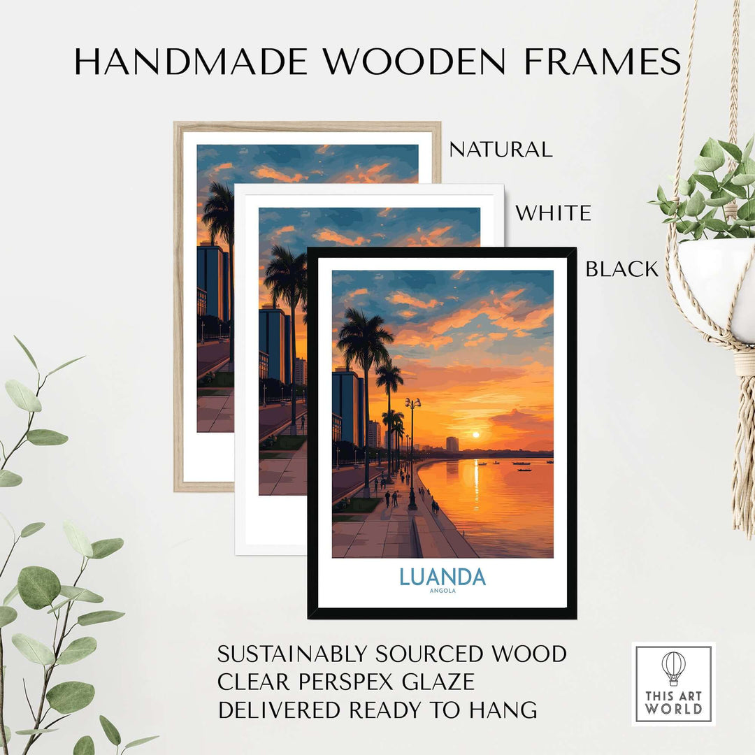 Handmade wooden frames for Luanda sunset art print in natural, white, and black finishes, showcasing sustainable design.