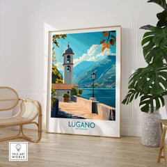 Lugano Art Print showcasing a vibrant landscape with a bell tower and lake, perfect for home decor.
