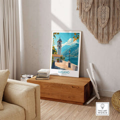 Lugano Art Print displayed in a stylish interior, featuring a picturesque view of Lugano.