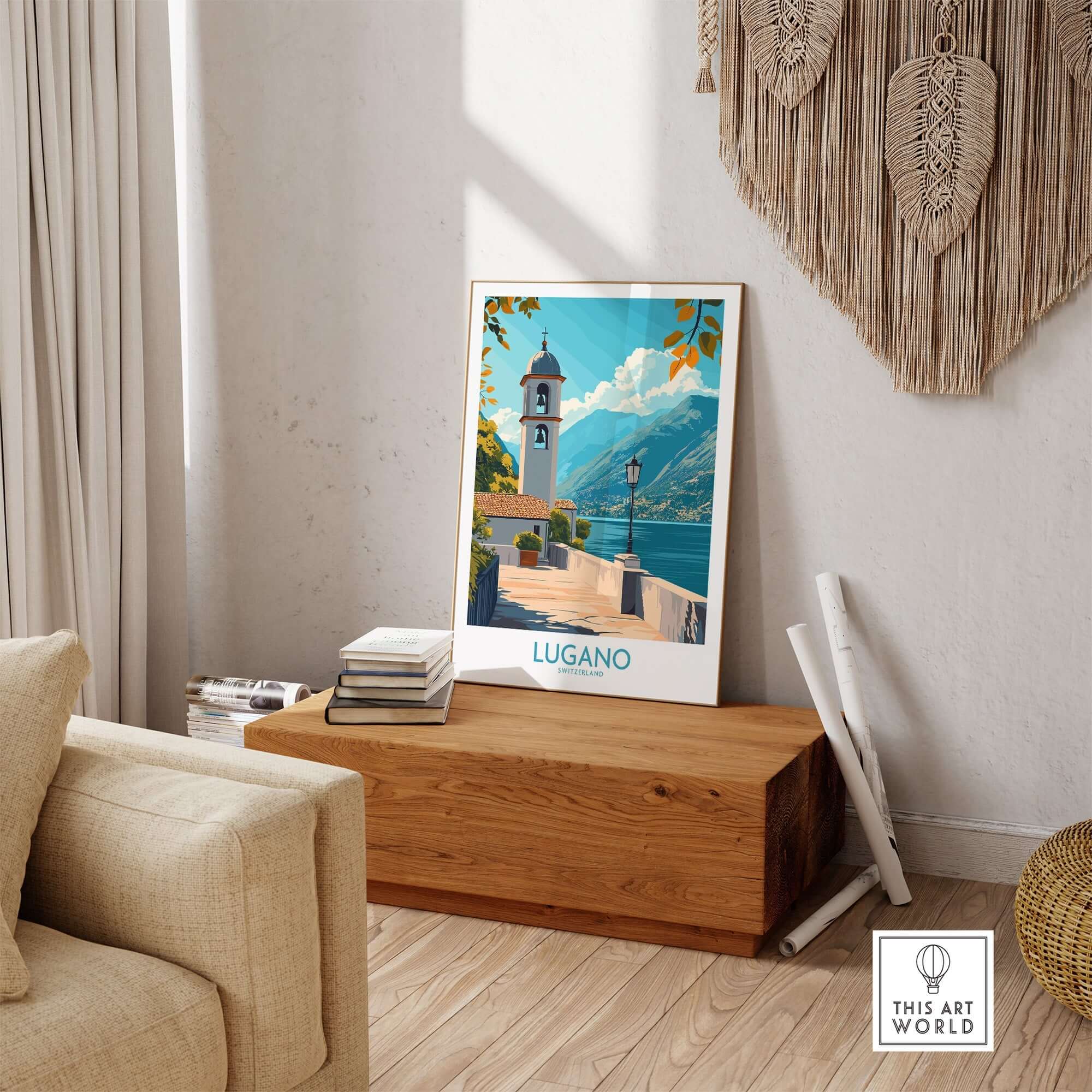 Lugano Art Print displayed in a stylish interior, featuring a picturesque view of Lugano.