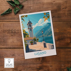 Lugano Art Print showcasing a picturesque landscape of Lugano, Switzerland, with a charming bell tower.