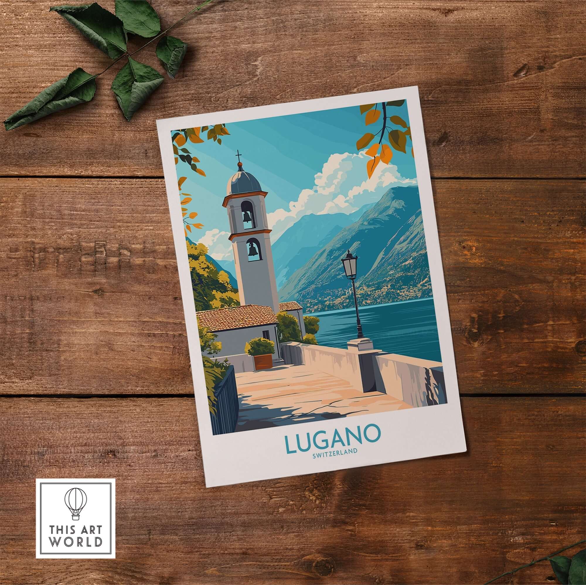 Lugano Art Print showcasing a picturesque landscape of Lugano, Switzerland, with a charming bell tower.