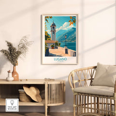 Lugano Art Print displayed in a modern living room setting, showcasing a picturesque view of the city.