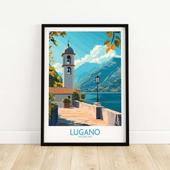 Lugano Art Print showcasing a picturesque view of Lugano, Switzerland with mountains and a lake.