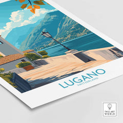 Lugano Art Print showcasing a scenic view of Lugano, Switzerland with mountains and lakes.