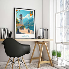 Lugano Art Print displayed in a modern interior decor with a sleek black chair and natural light.