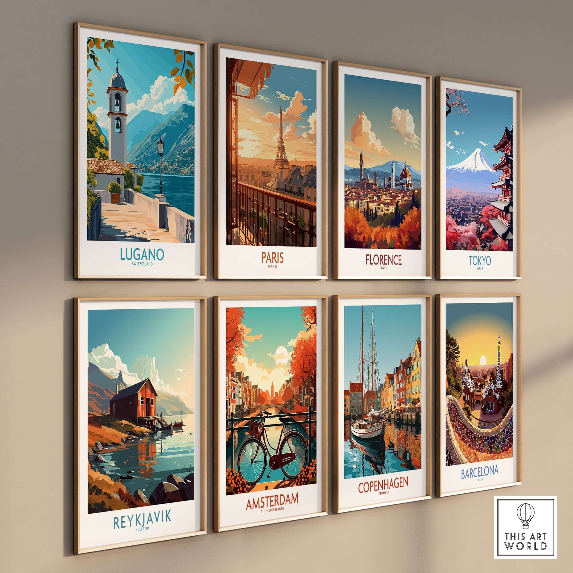 Lugano Art Print showcased among other city art prints on a gallery wall, highlighting travel-inspired decor.