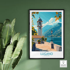 Lugano Art Print showcasing the scenic beauty of Lugano, Switzerland, with mountains and lake view.