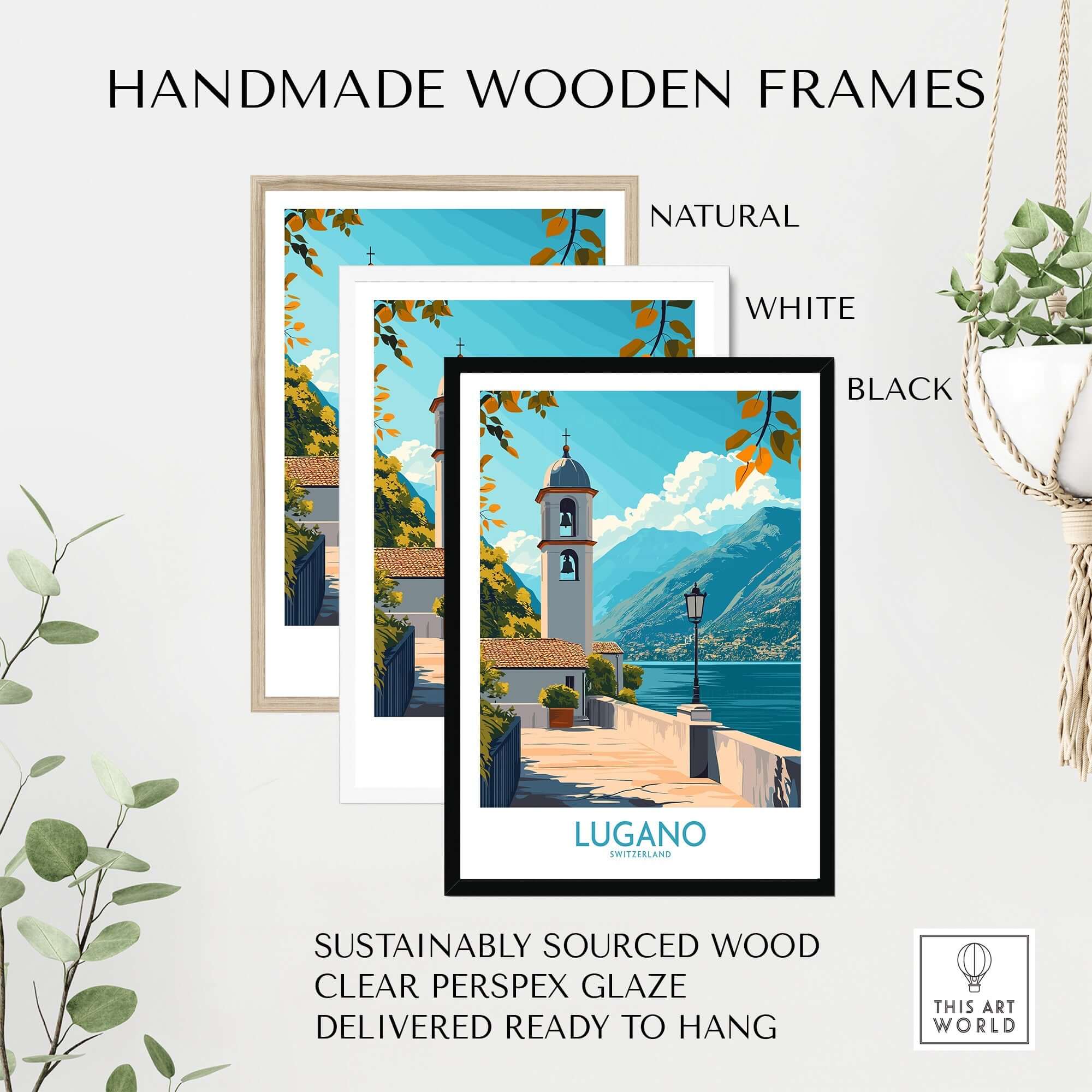 Lugano Art Print displayed in handmade wooden frames: natural, white, and black, featuring sustainably sourced wood.