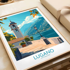 Lugano Art Print featuring a picturesque scene of Lugano, Switzerland with vibrant colors and stunning landscapes.