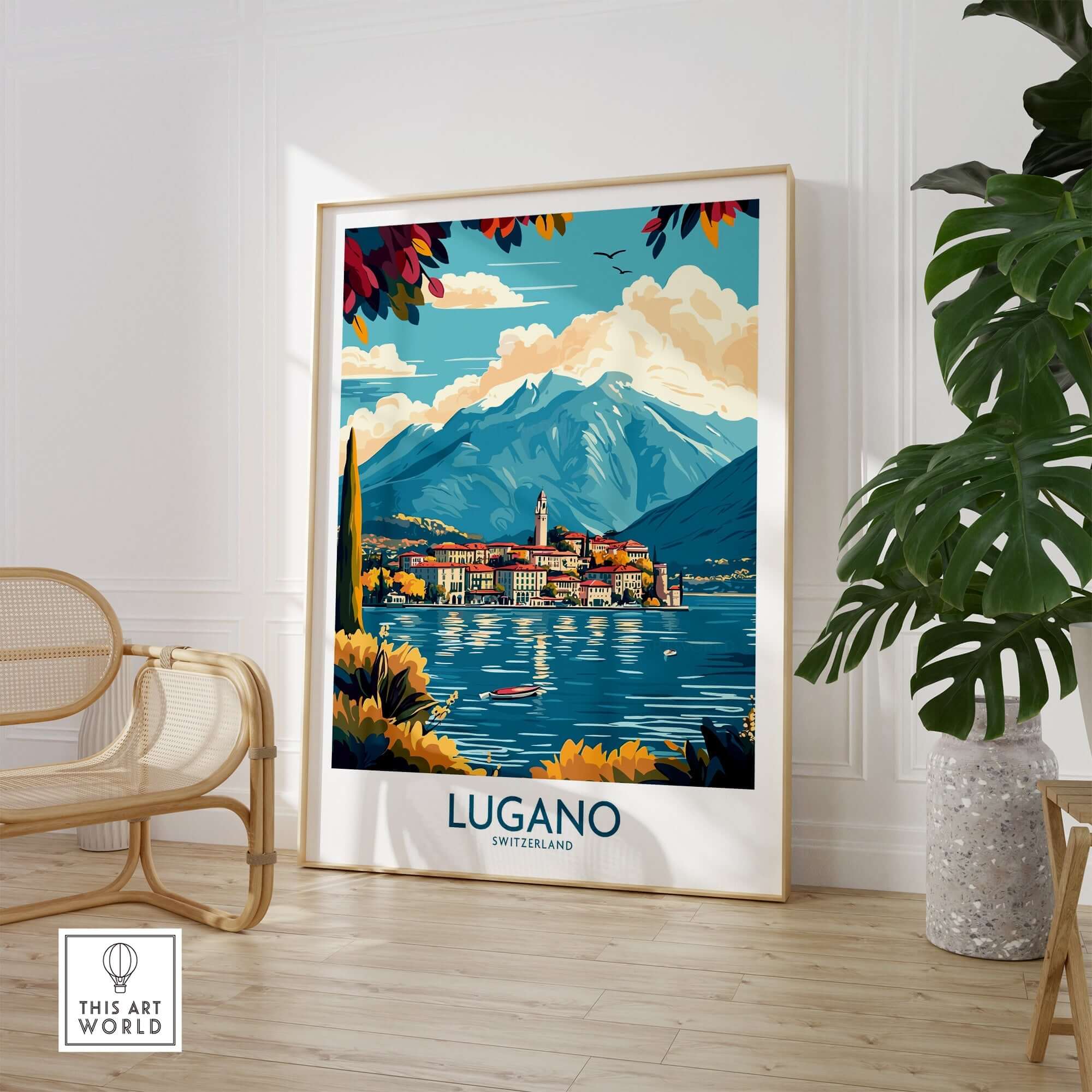 Lugano Poster Switzerland featuring stunning landscape with mountains and lake in a stylish interior setting.