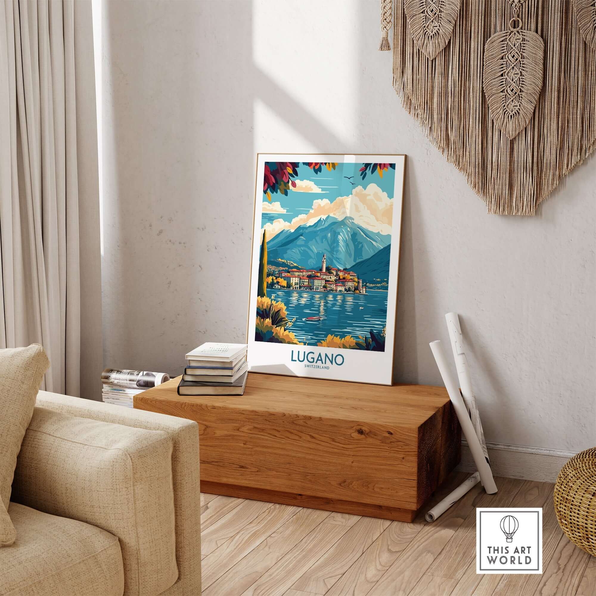 Lugano Poster Switzerland displayed in a stylish living room setting, showcasing the breathtaking views of Lugano.