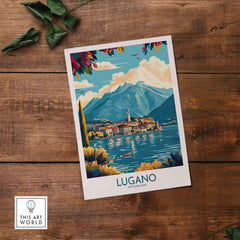Lugano Poster Switzerland showcasing the scenic beauty of Lugano with vibrant colors and breathtaking landscapes.