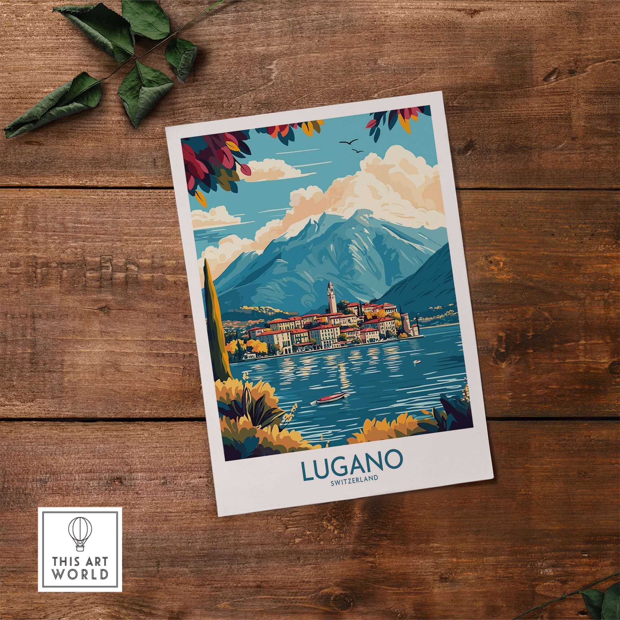 Lugano Poster Switzerland showcasing the scenic beauty of Lugano with vibrant colors and breathtaking landscapes.