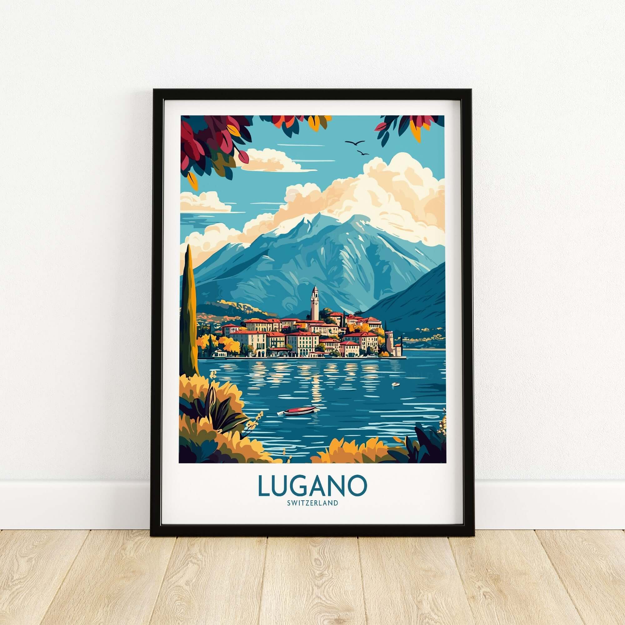 Lugano Poster Switzerland showcasing the vibrant landscape of Lugano with mountains and a serene lake view.