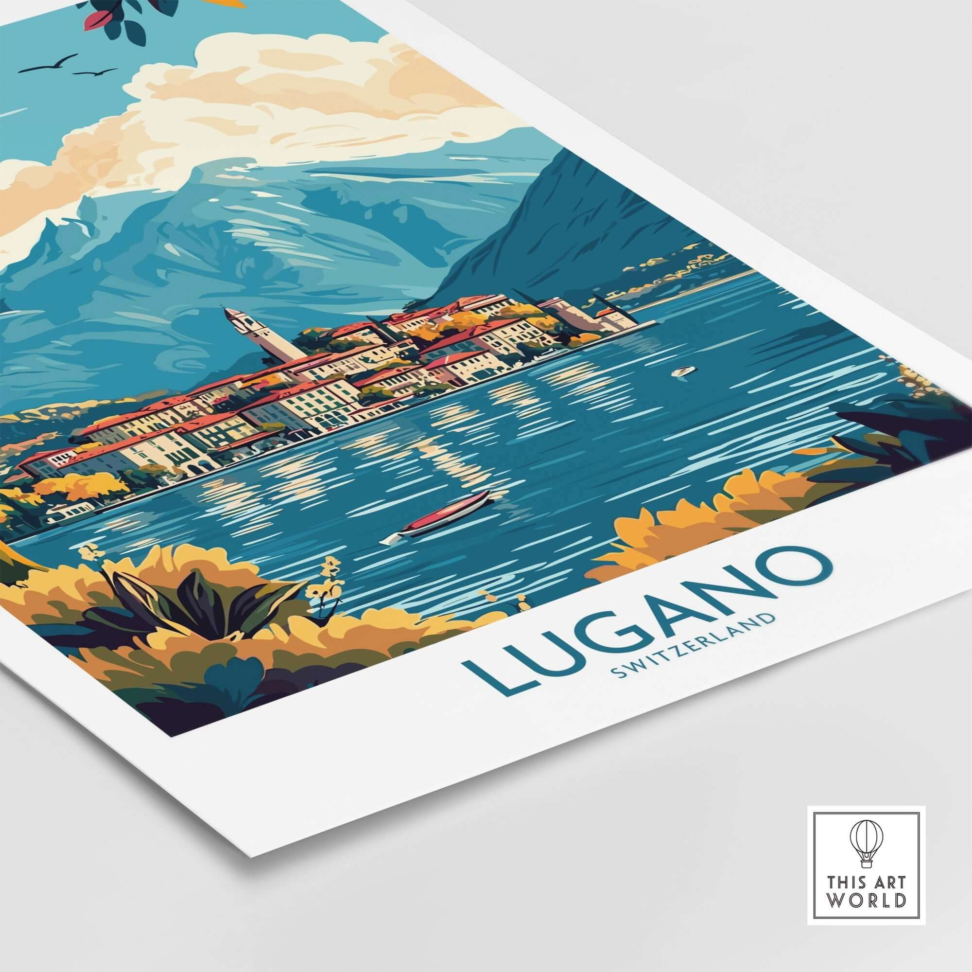 Lugano Poster Switzerland showcasing the picturesque landscape of Lugano, Switzerland, with vibrant colors and stunning views.