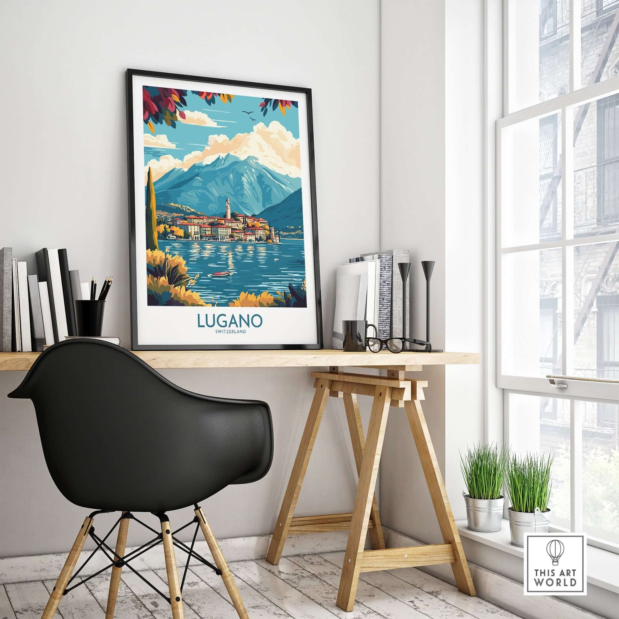 Lugano Poster Switzerland displayed in a modern workspace, showcasing the scenic beauty of Lugano.