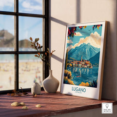 Lugano Poster Switzerland showcasing the picturesque landscape and stunning views of Lugano, Switzerland.