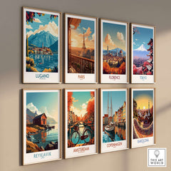 Lugano Poster Switzerland displayed among other city posters, showcasing the scenic beauty and charm of Lugano.