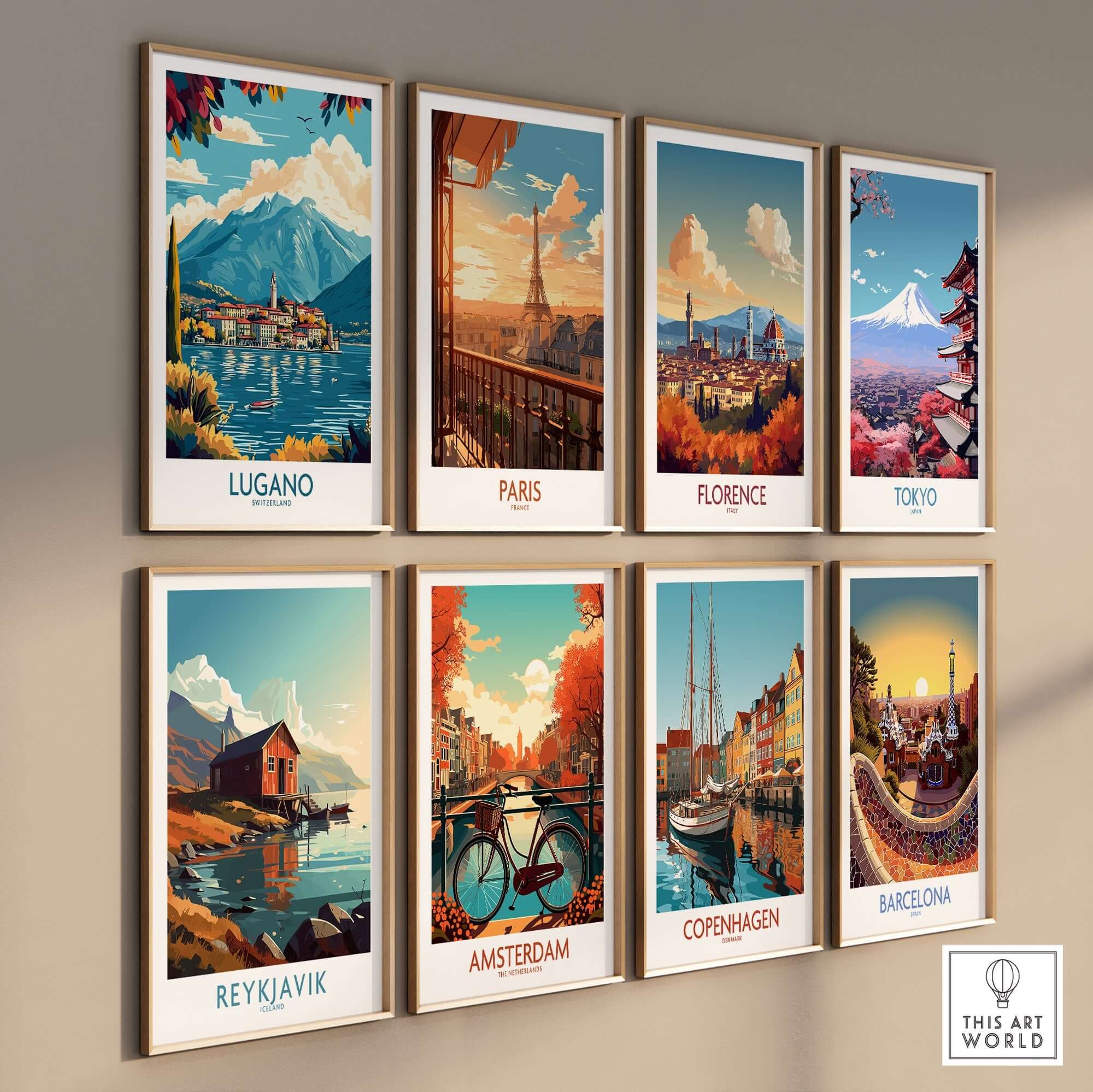 Lugano Poster Switzerland displayed among other city posters, showcasing the scenic beauty and charm of Lugano.