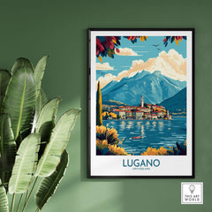 Lugano Poster Switzerland showcasing the scenic beauty of Lugano with mountains and lake in a stylish home decor setting.