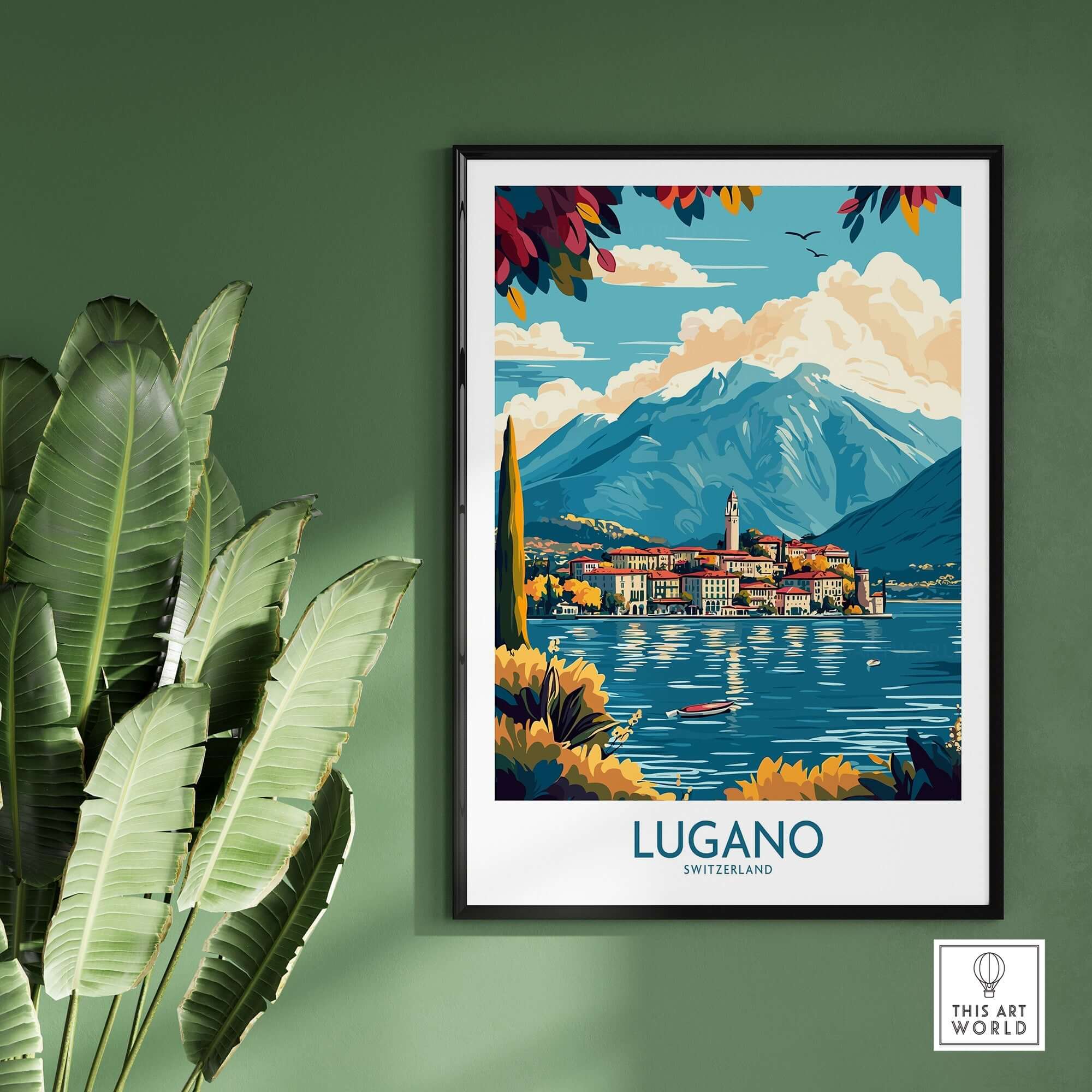 Lugano Poster Switzerland showcasing the scenic beauty of Lugano with mountains and lake in a stylish home decor setting.