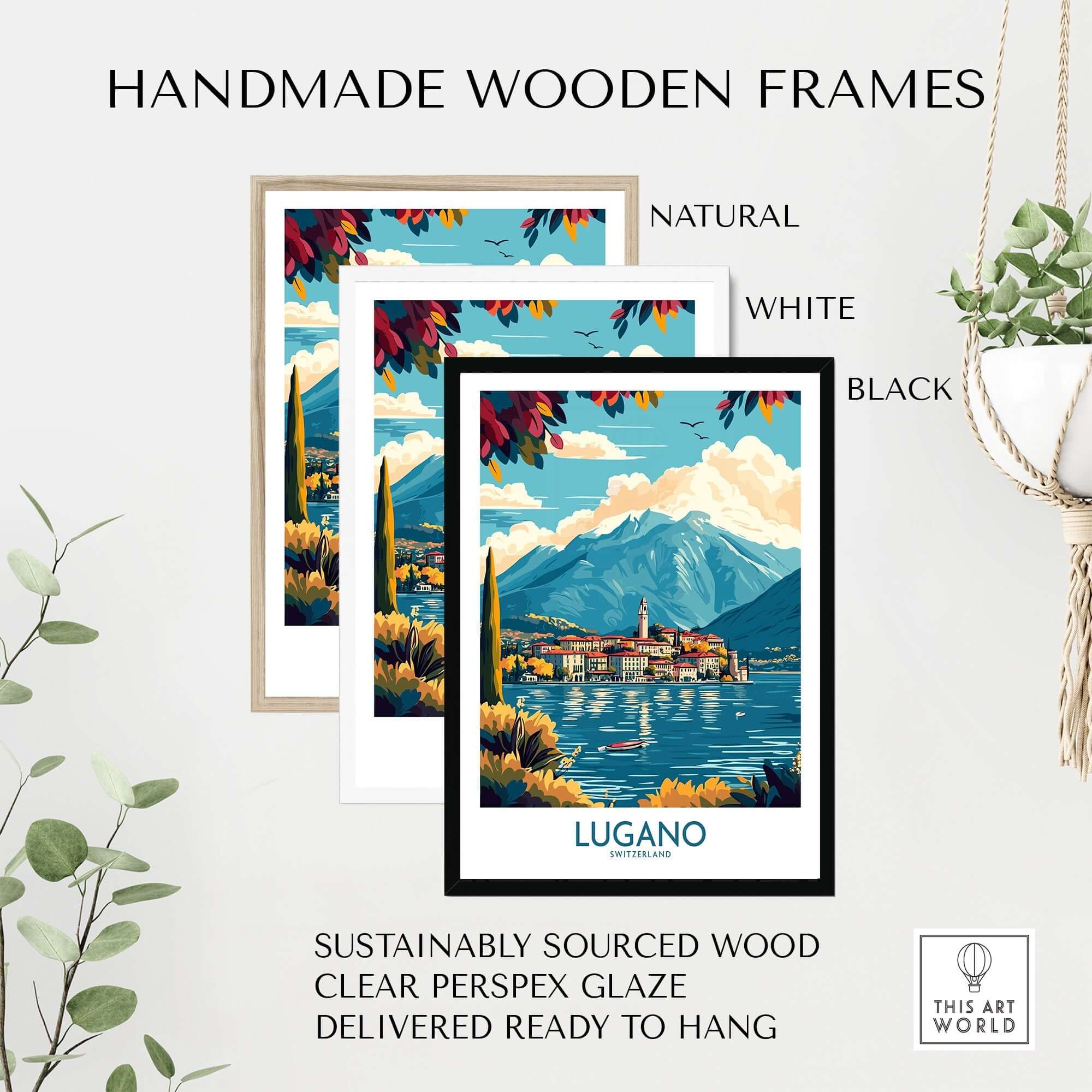 Lugano Poster Switzerland displayed in handmade wooden frames in natural, white, and black finishes.