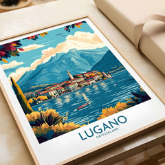 Lugano Poster Switzerland featuring a vibrant illustration of Lugano cityscape and mountains.